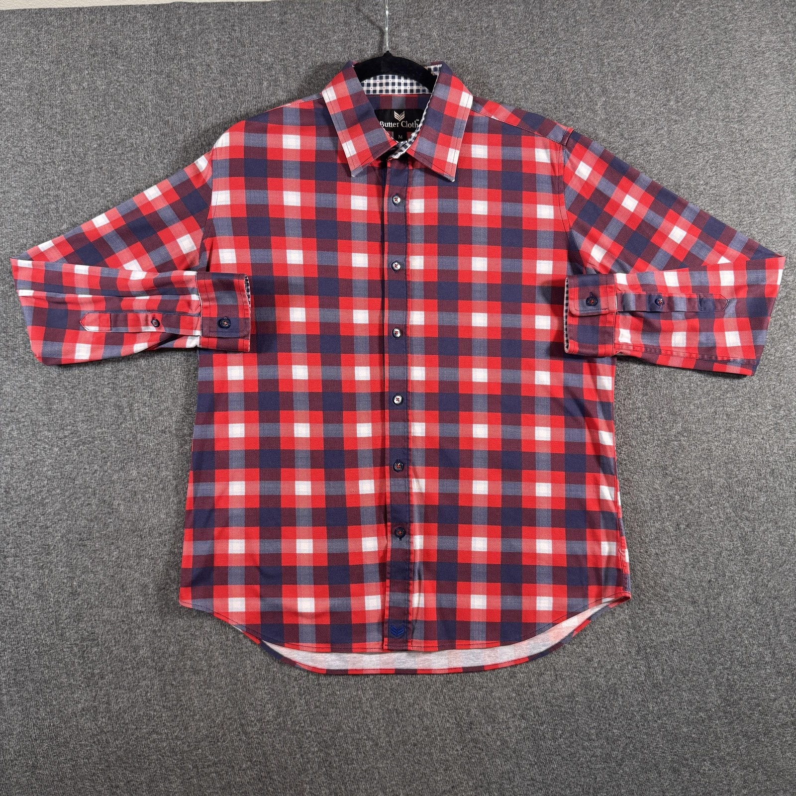Butter Cloth Shirt Mens Medium Red Blue Plaid Long Sleeve Button Up Soft
